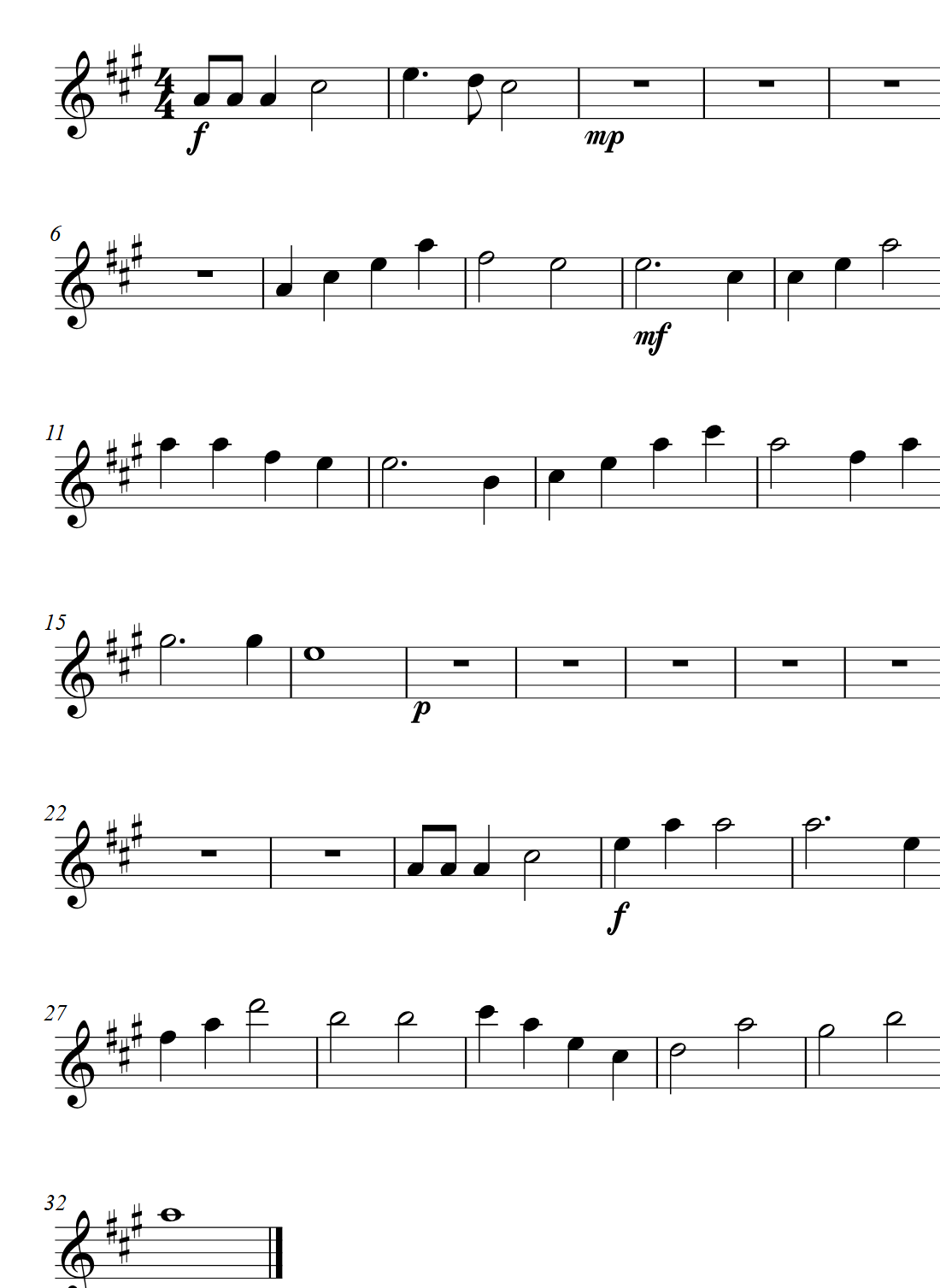The same piece in the horn part in F: three sharps in the key signature