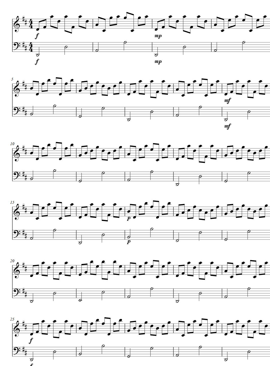 The same piece in the piano part at concert pitch: two sharps in the key signature