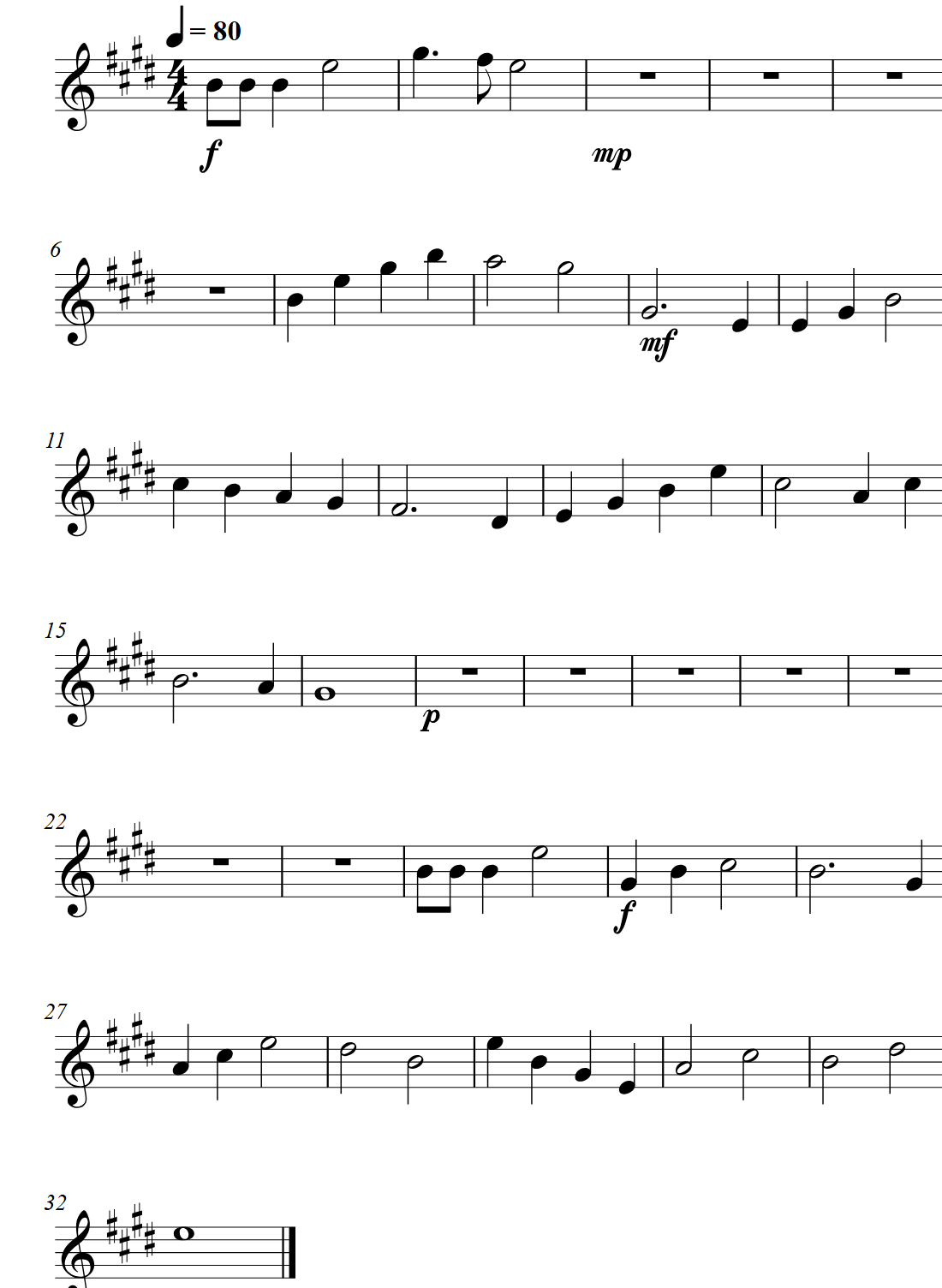 The trumpet part, written for a B-flat instrument: four sharps in the key signature